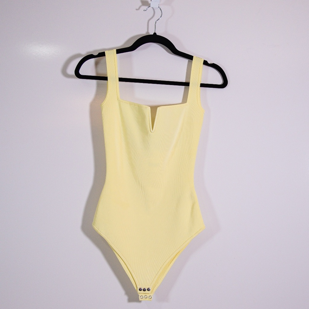 Galvan London Freya Stretch Rib Knit Sleeveless Square Neck Bodysuit Buttermilk